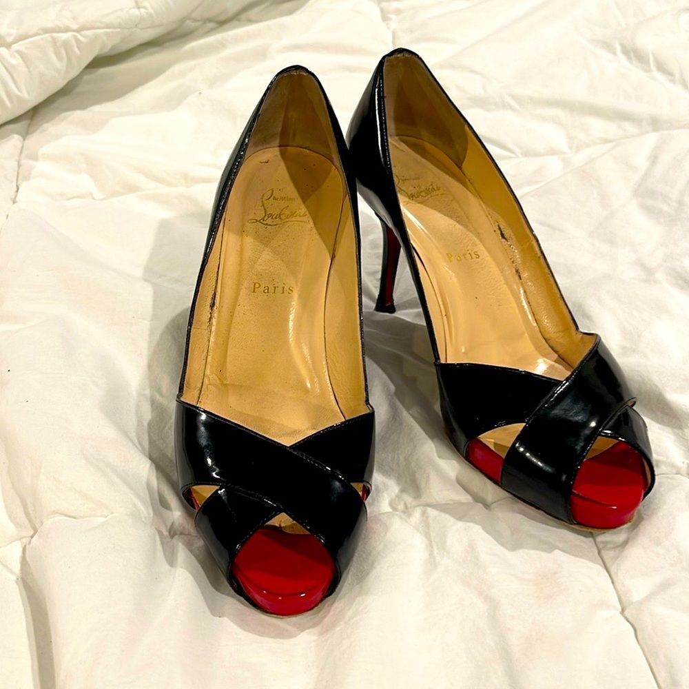 Christian Louboutin Shelley 85 patent leather criss cross peep toe stiletto heel